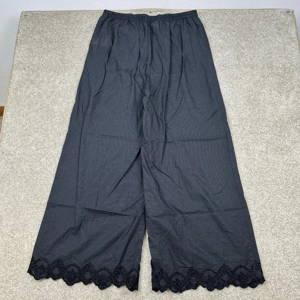 Khaadi Black Striped Wide Leg Pants Eyelet Lace Hem Cotton Blend Trousers
